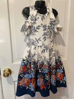 Knitworks Navy and White Floral Ruffle Hem Dress